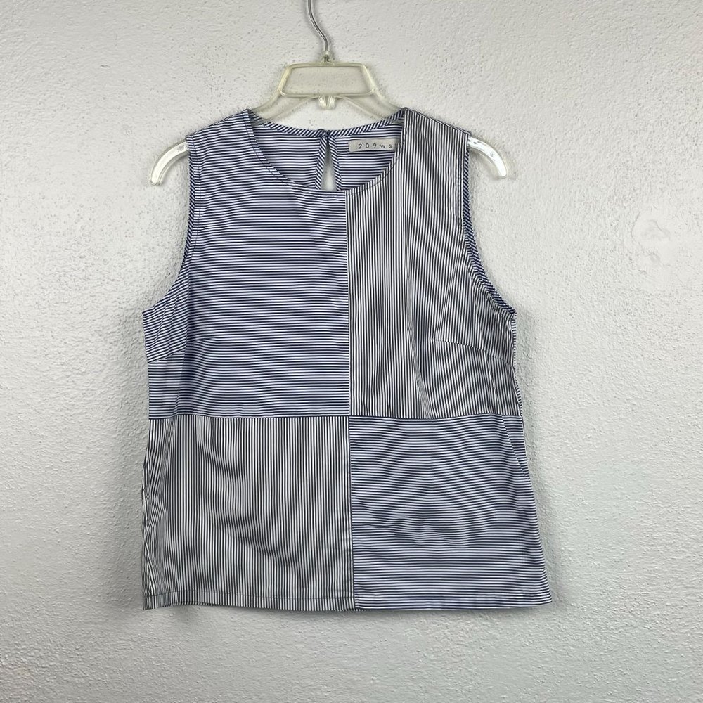 209 WST Women's Blue and Gray Striped Sleeveless Blouse - Size 10